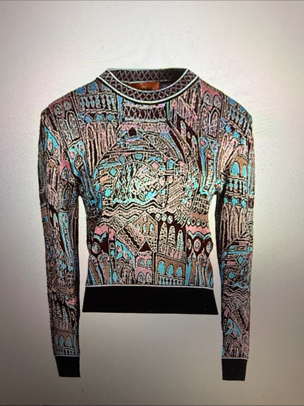 Missoni Multicolor Patterned Long-Sleeve Knit Top with Black Trim size medium